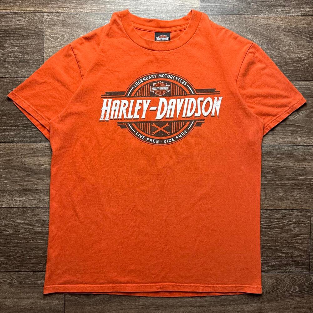 Orange 2012 Harley Davidson Tee with White Logo & Crossed Flame Wrenches